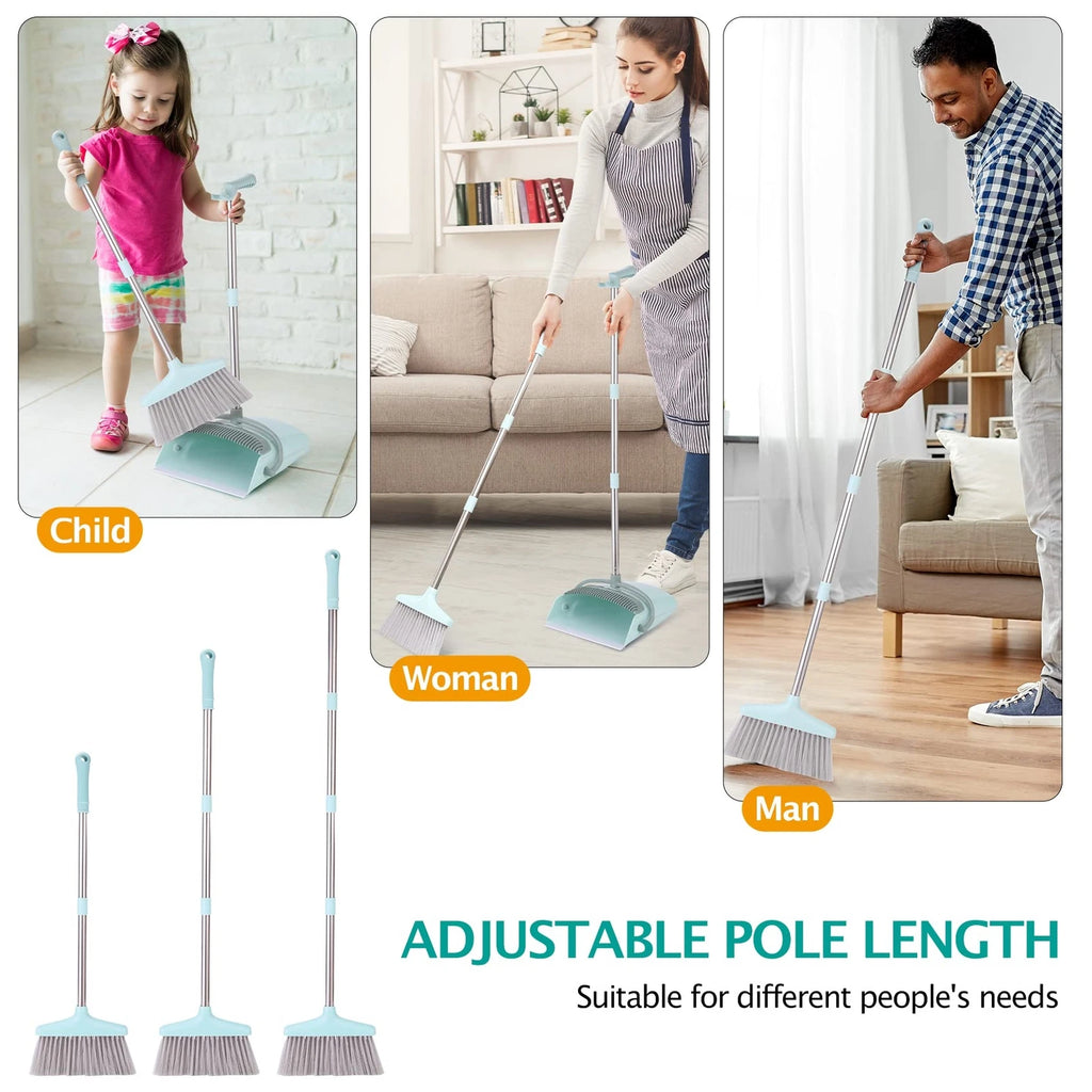 Long Handle Broom and Dustpan Set 55-Inch for Indoor Cleaning Bluish Green