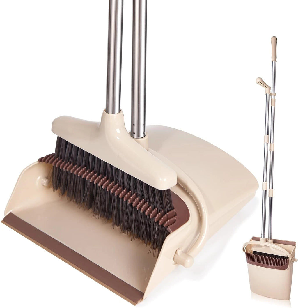 Long Handle Broom and Dustpan Set Lightweight Stainless Steel Brown Beige