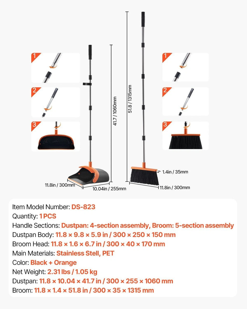 Self-Cleaning Dustpan & Broom Set - Metal Upright Stand, Heavy Duty,Black+Orange