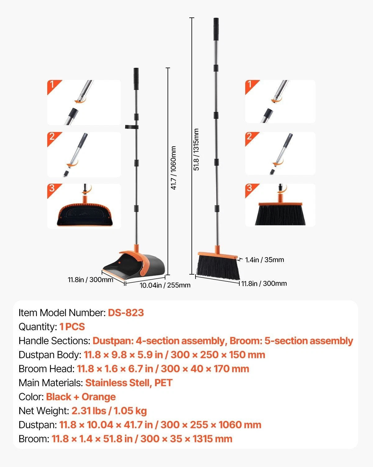 Self-Cleaning Dustpan & Broom Set - Metal Upright Stand, Heavy Duty,Black+Orange