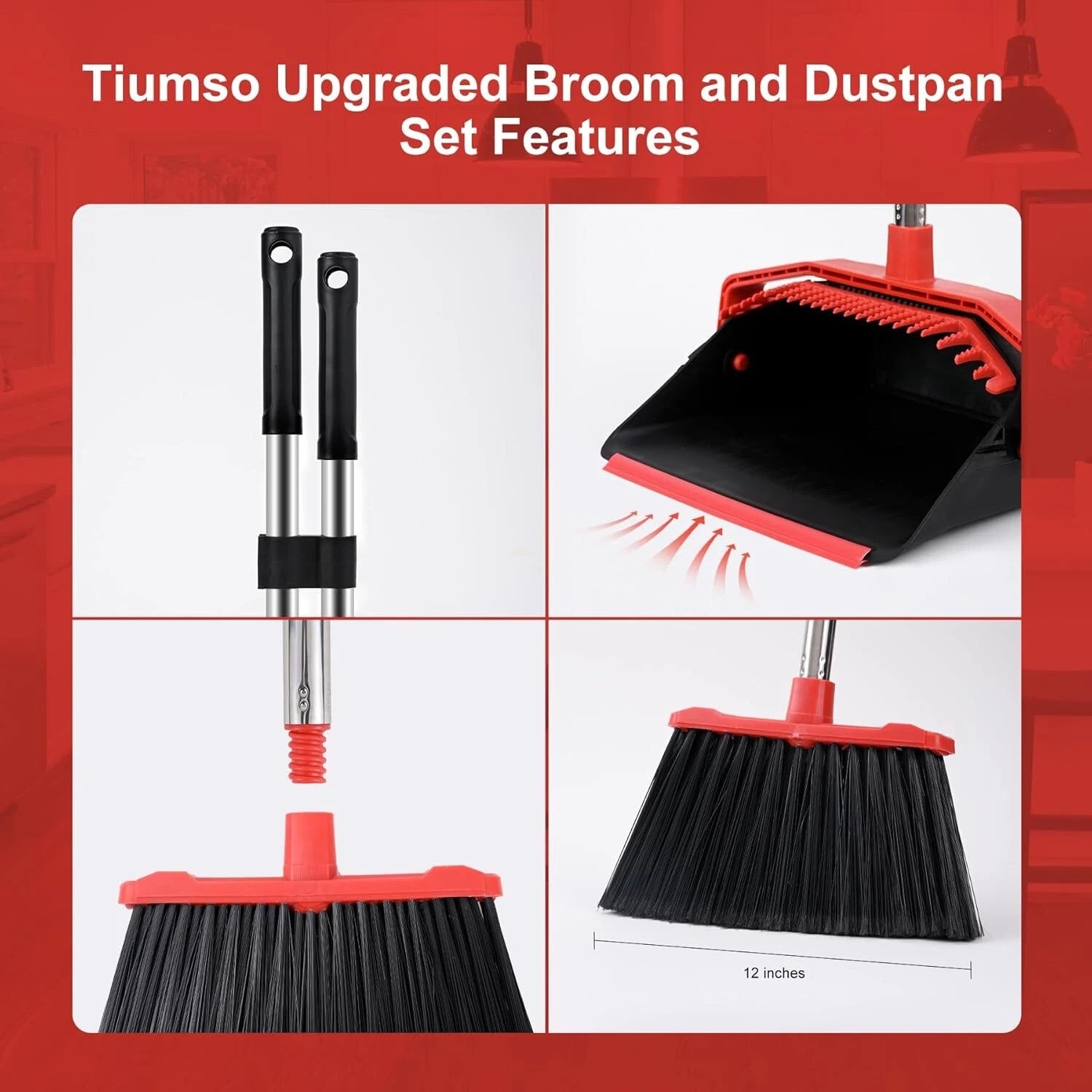 Large Upright Dustpan and Broom Set with Self-Cleaning Technology - 12" Wide