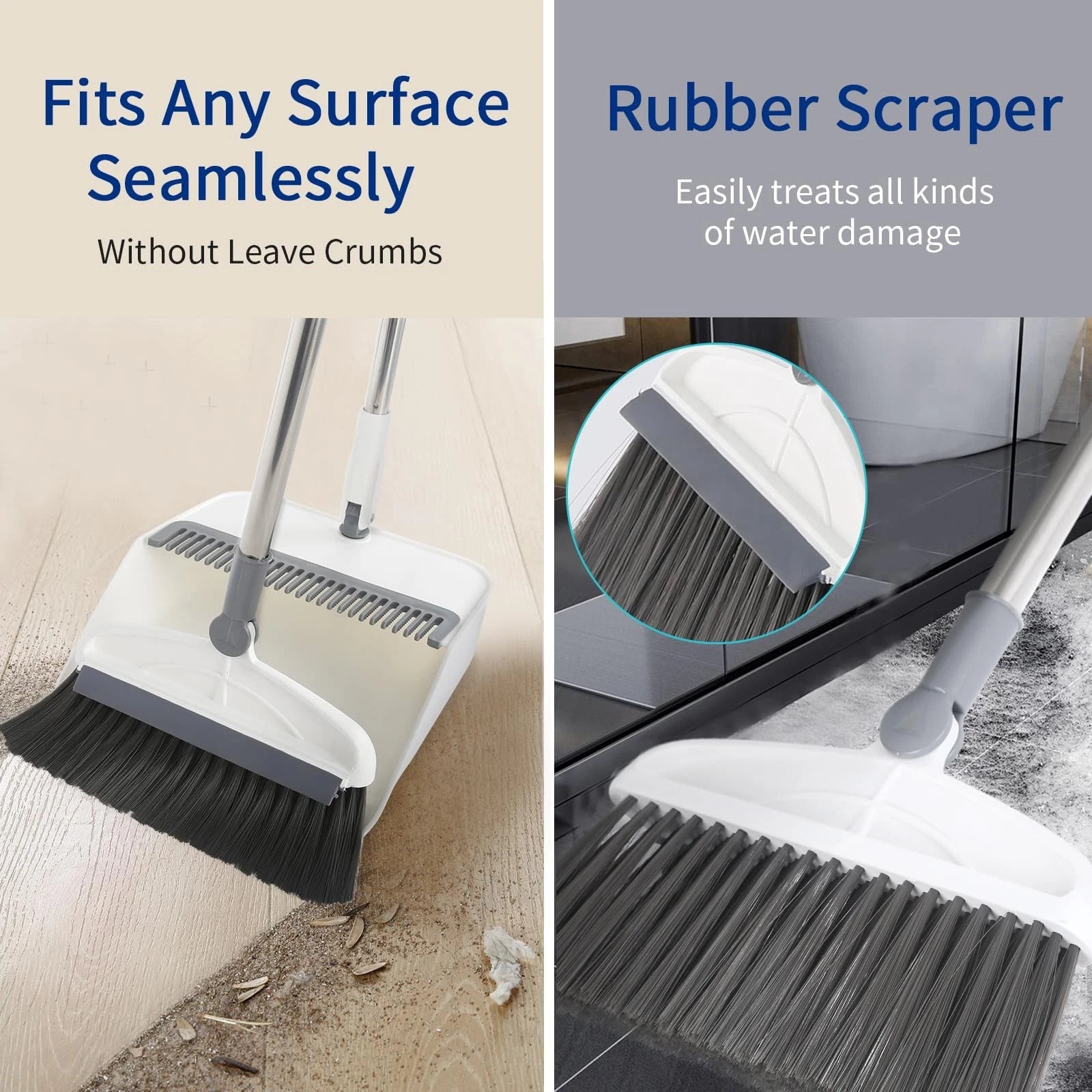 2 in 1 Broom and Dustpan Set with Long Handle Upright 180° Rotating Broom