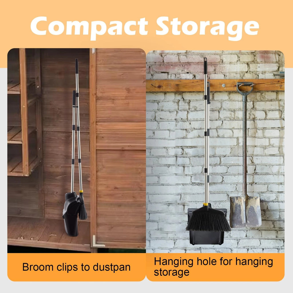 Outdoor Broom and Dustpan Set with Long Handle Windbreak Cover Upright Pan