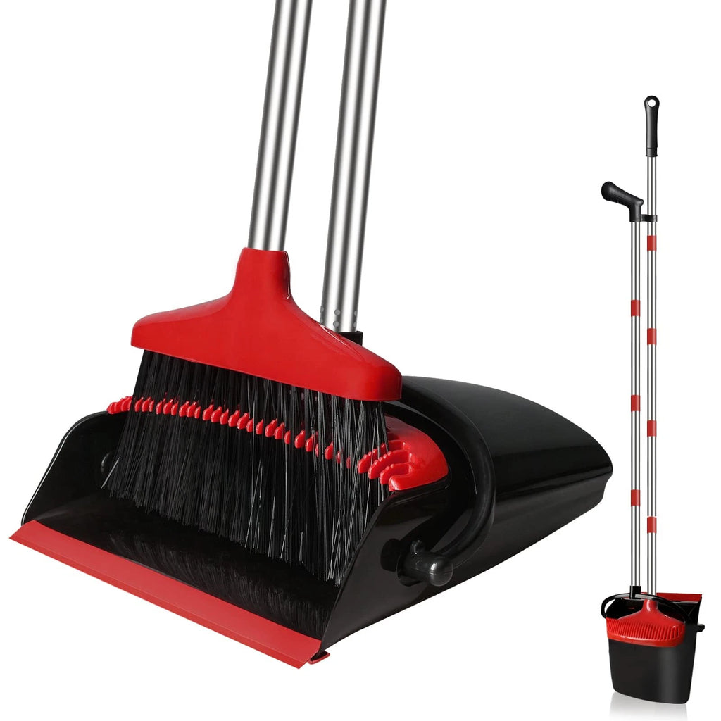 Upright Broom and Dustpan Set 55" Long Handle Indoor Sweep Red Home Office