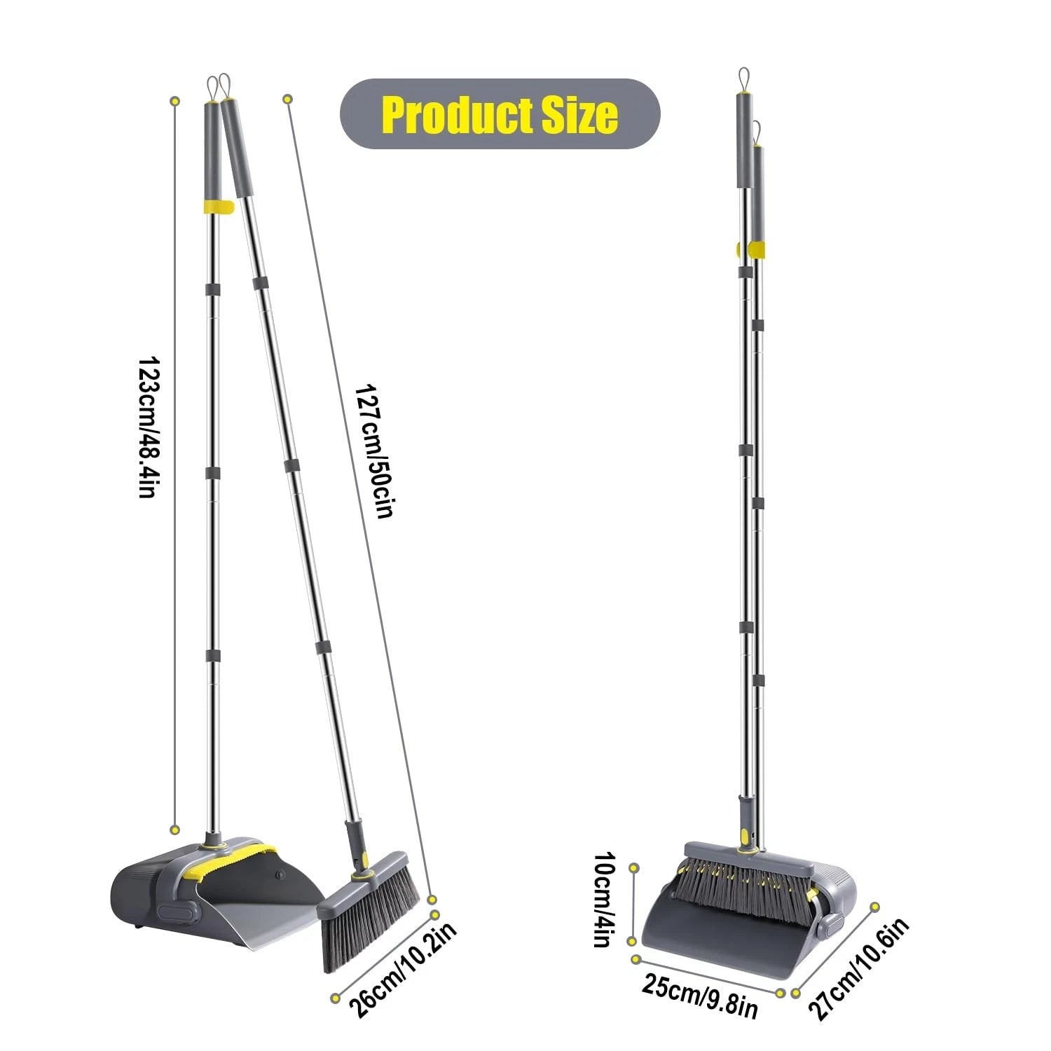 Broom and Dustpan Set with 54" Long Handle, Windproof Stand Up Dustpan with B...