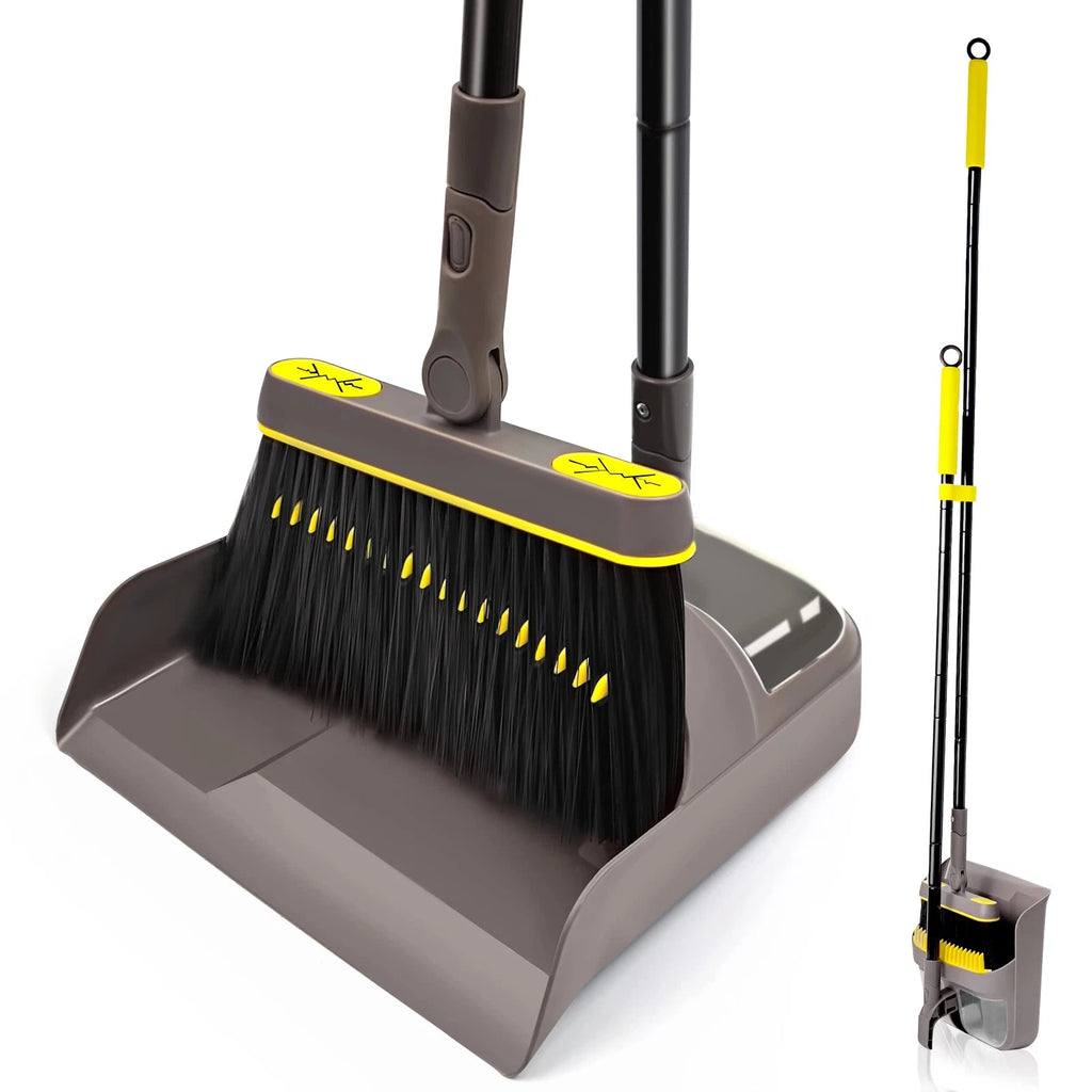 Broom with Dustpan Combo Set 180 Degree Rotating Upright Standing Brown Yellow