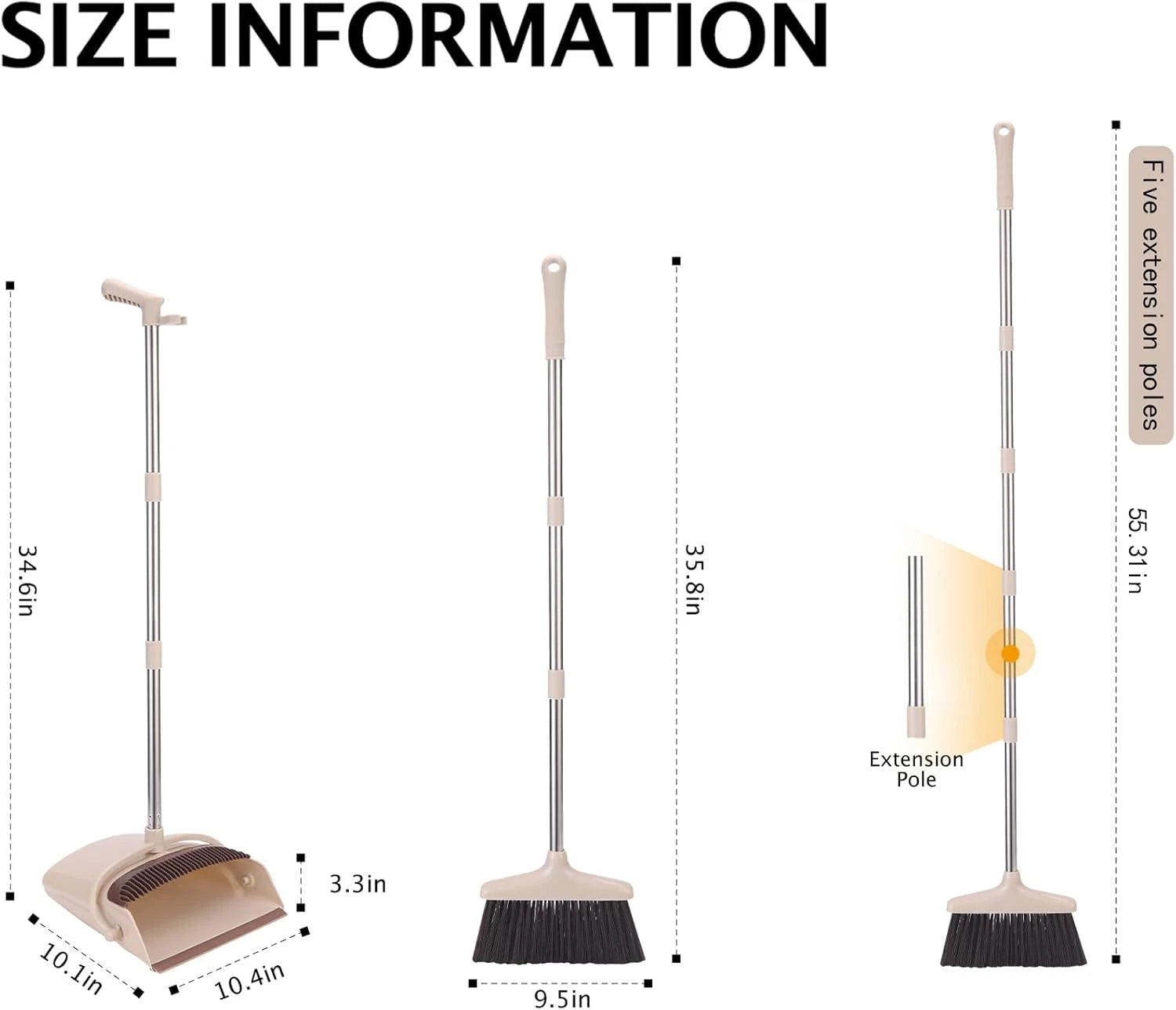 Long Handle Broom and Dustpan Set Lightweight Stainless Steel Brown Beige