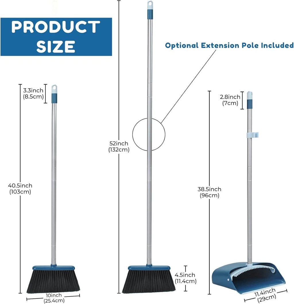 Standing Dustpan and Broom Set with 52" Long Extendable Handle for Home, Blue