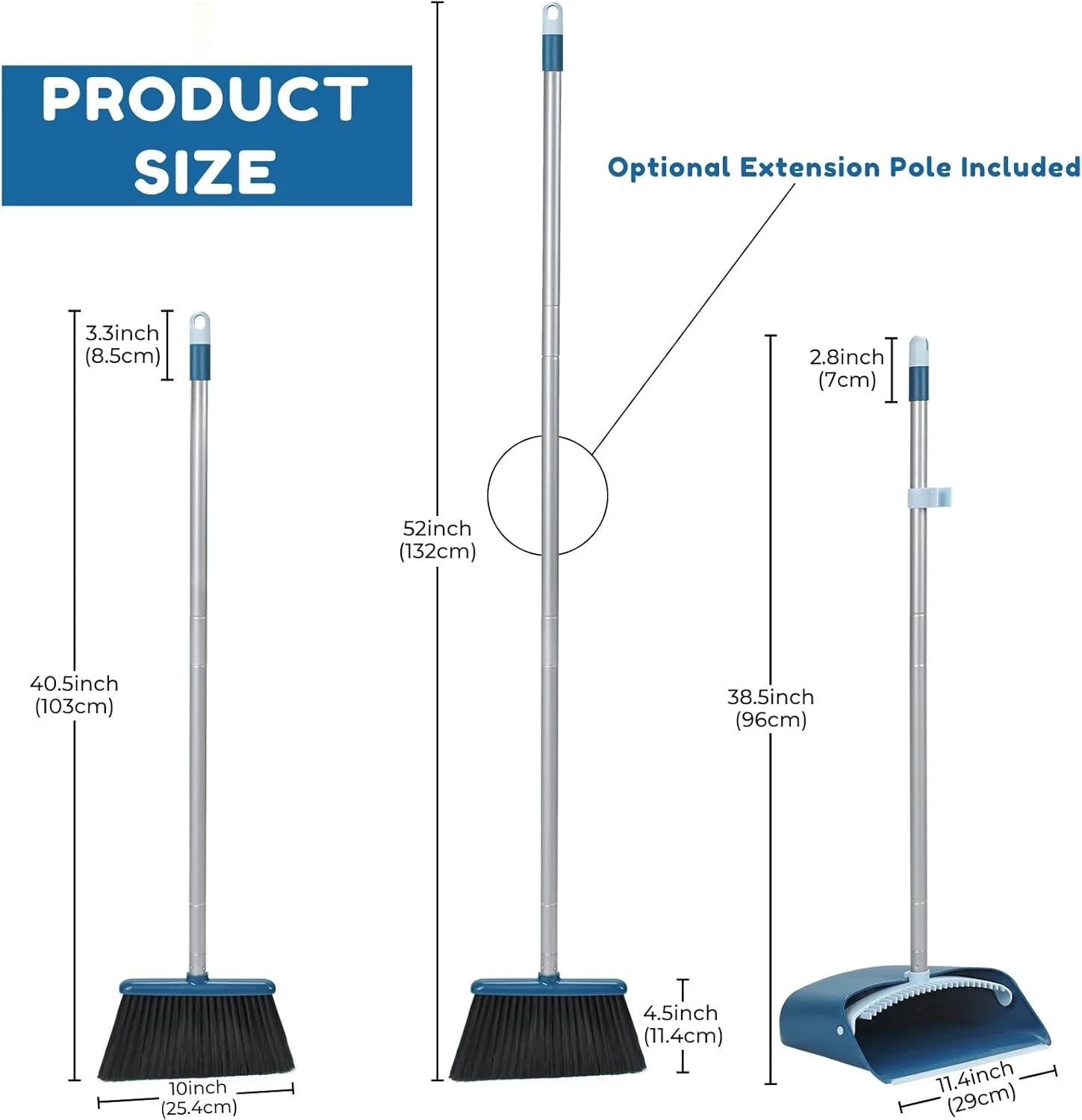 Standing Dustpan and Broom Set with 52" Long Extendable Handle for Home, Blue