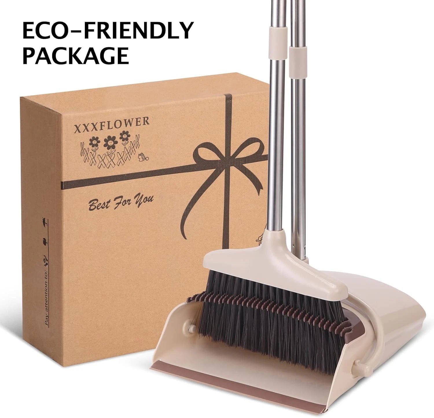 Long Handle Broom and Dustpan Set Lightweight Stainless Steel Brown Beige