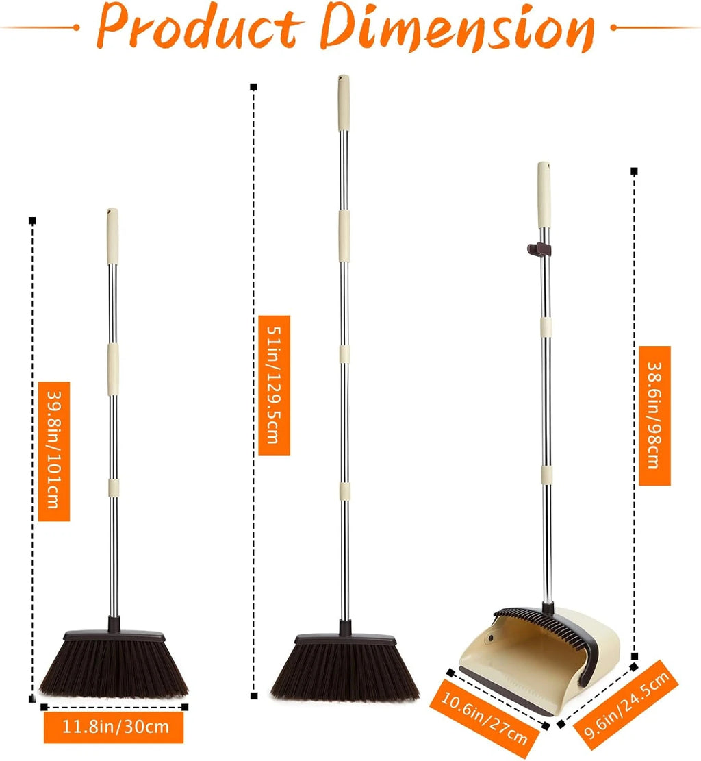 Broom and Dustpan Set, Dustpan Combo with 51" Stainless Steel Long Handle Brooms