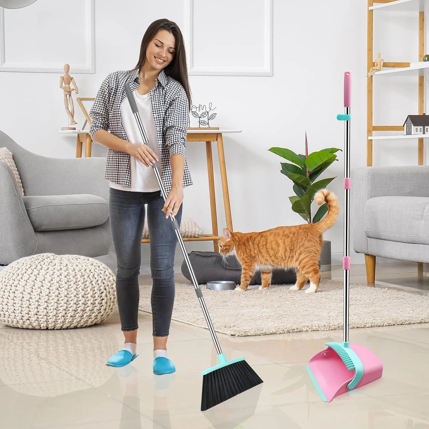 Broom dustpan set, adjustable handle broom dustpan combination