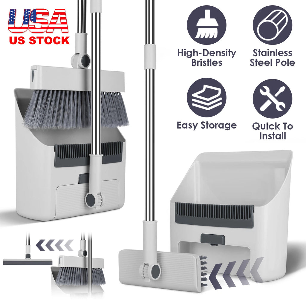 Heavy Duty Broom And Dustpan Combo Set W/ Squeegee Stylish Grey Handle Perfect