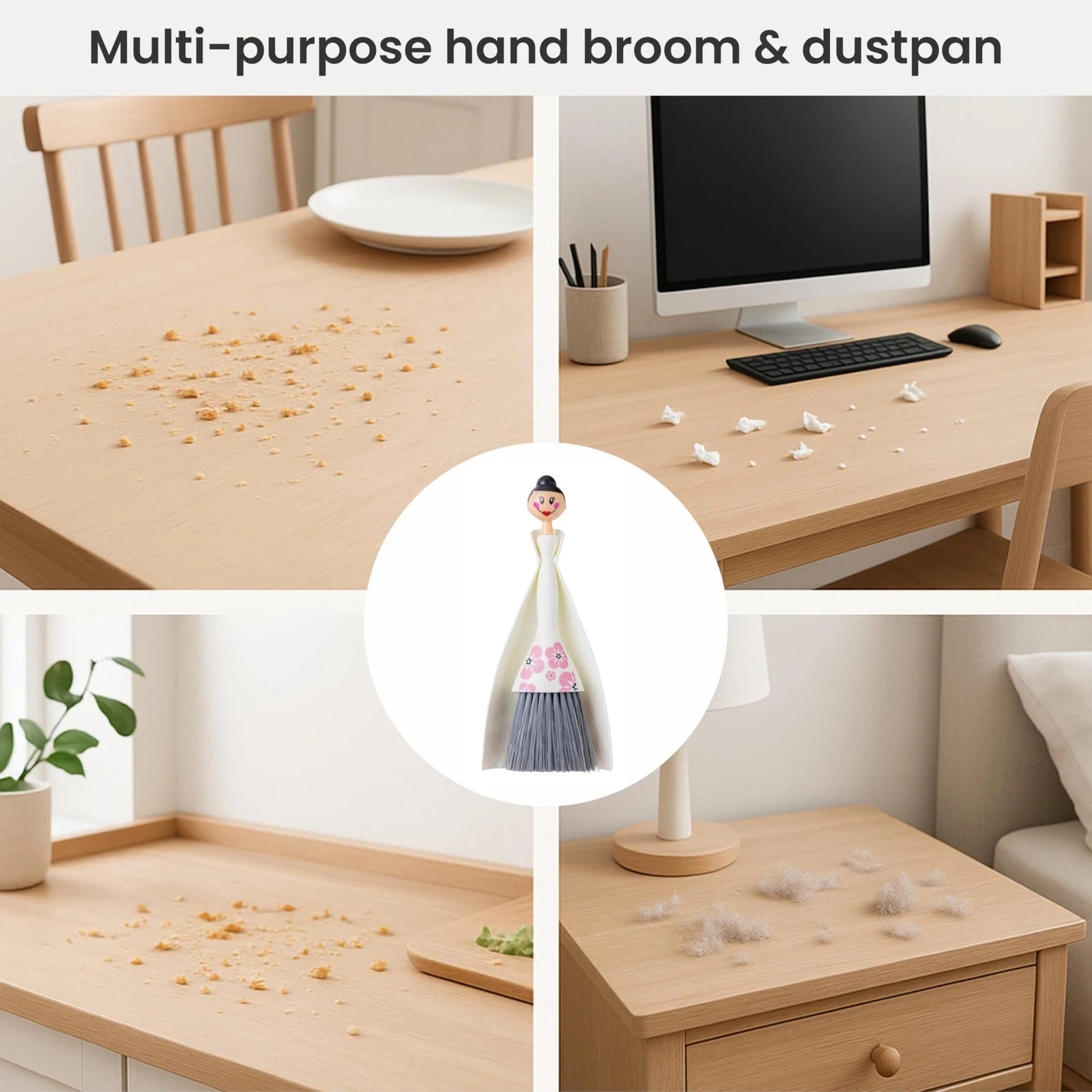 Mini Broom and Dustpan Set White Small Portable for Dust Pet Hair Car Camping