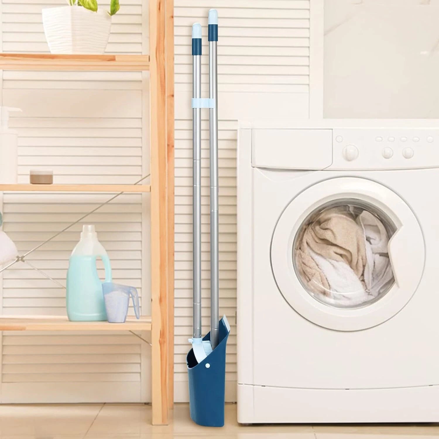 Standing Dustpan and Broom Set with 52" Long Extendable Handle for Home, Blue