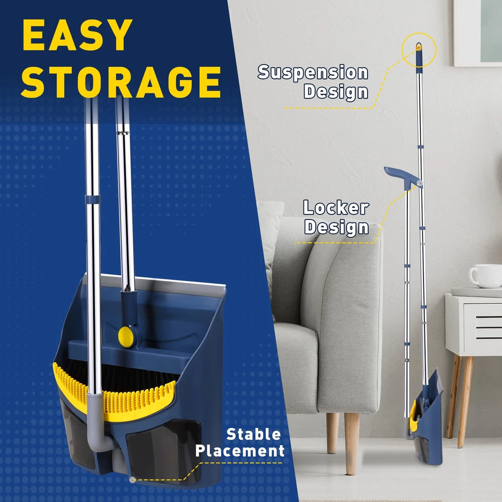 Broom Dustpan Combo Set 55in Adjustable Handle with Teeth Pet Hair Home Kitchen