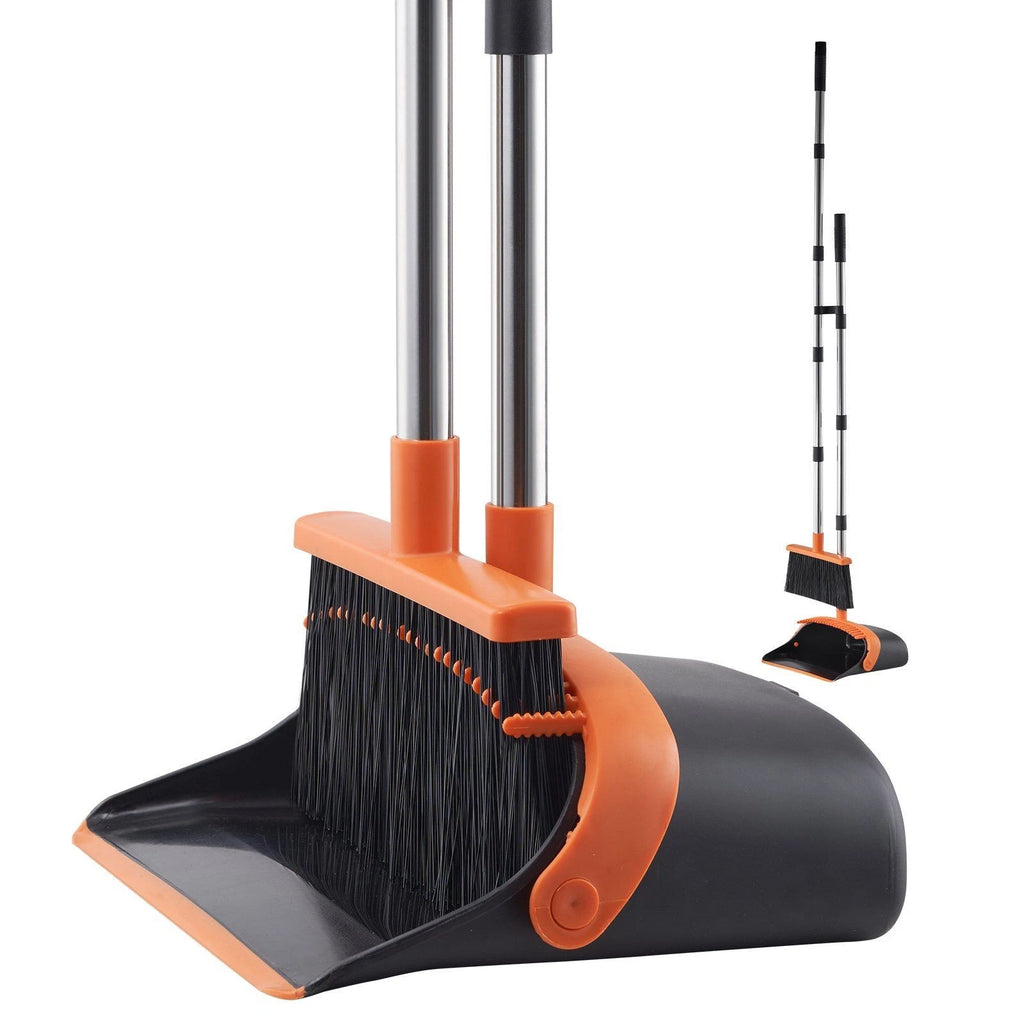 Self-Cleaning Dustpan & Broom Set - Metal Upright Stand, Heavy Duty,Black+Orange