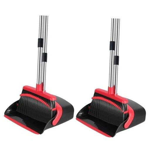 Broom and Dustpan Set, 52-in Long Adjustable Handle Broom 2 Pack Black Red