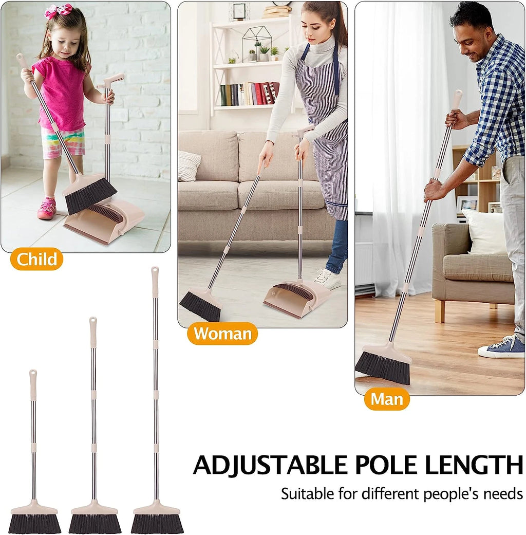 Broom and Dustpan Set with Long Handle, Light Weight Stainless Steel Po