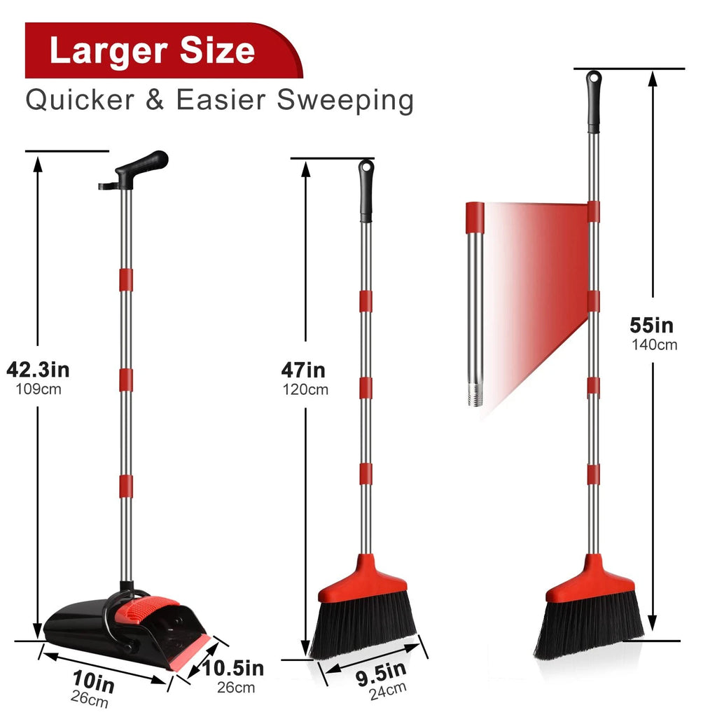 Upright Broom and Dustpan Set 55" Long Handle Indoor Sweep Red Home Office