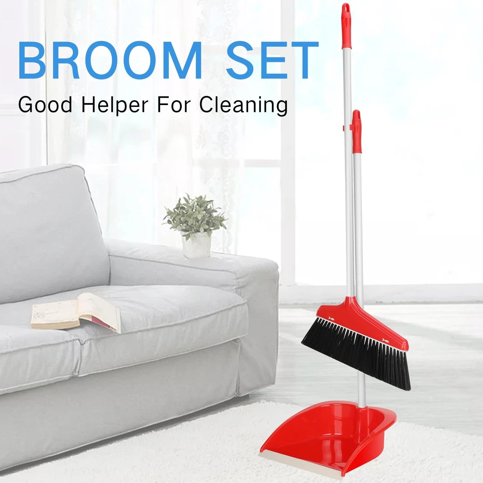 Set of 8 Broom and Dustpan Set Long Handle Broom with Upright Standing Dustpa...