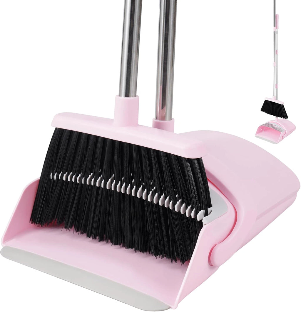 Pink Broom and Dustpan Set, 52” Long Adjustable Handle Broom with Dustpan Com...