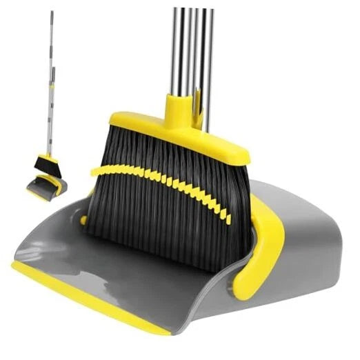 Broom and Dustpan Set, 55-in Long Adjustable Handle Broom Dustpan Grey Yellow