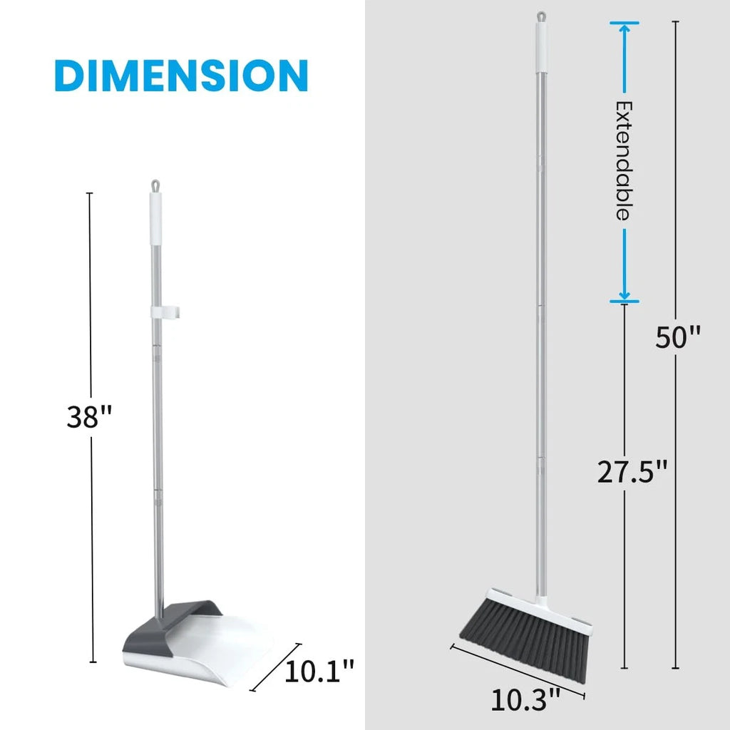 Stand Up Dustpan and Broom Set 50” Long Handle with 20° Angled for Ergonomic