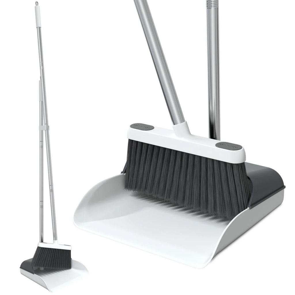 Stand Up Dustpan and Broom Set 50” Long Handle with 20° Angled for Ergonomic