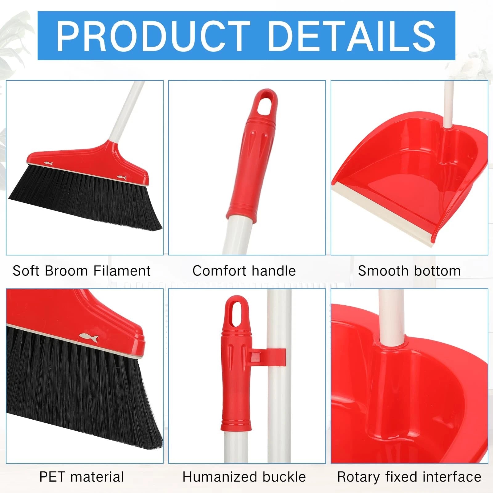 Set of 8 Broom and Dustpan Set Long Handle Broom with Upright Standing Dustpa...