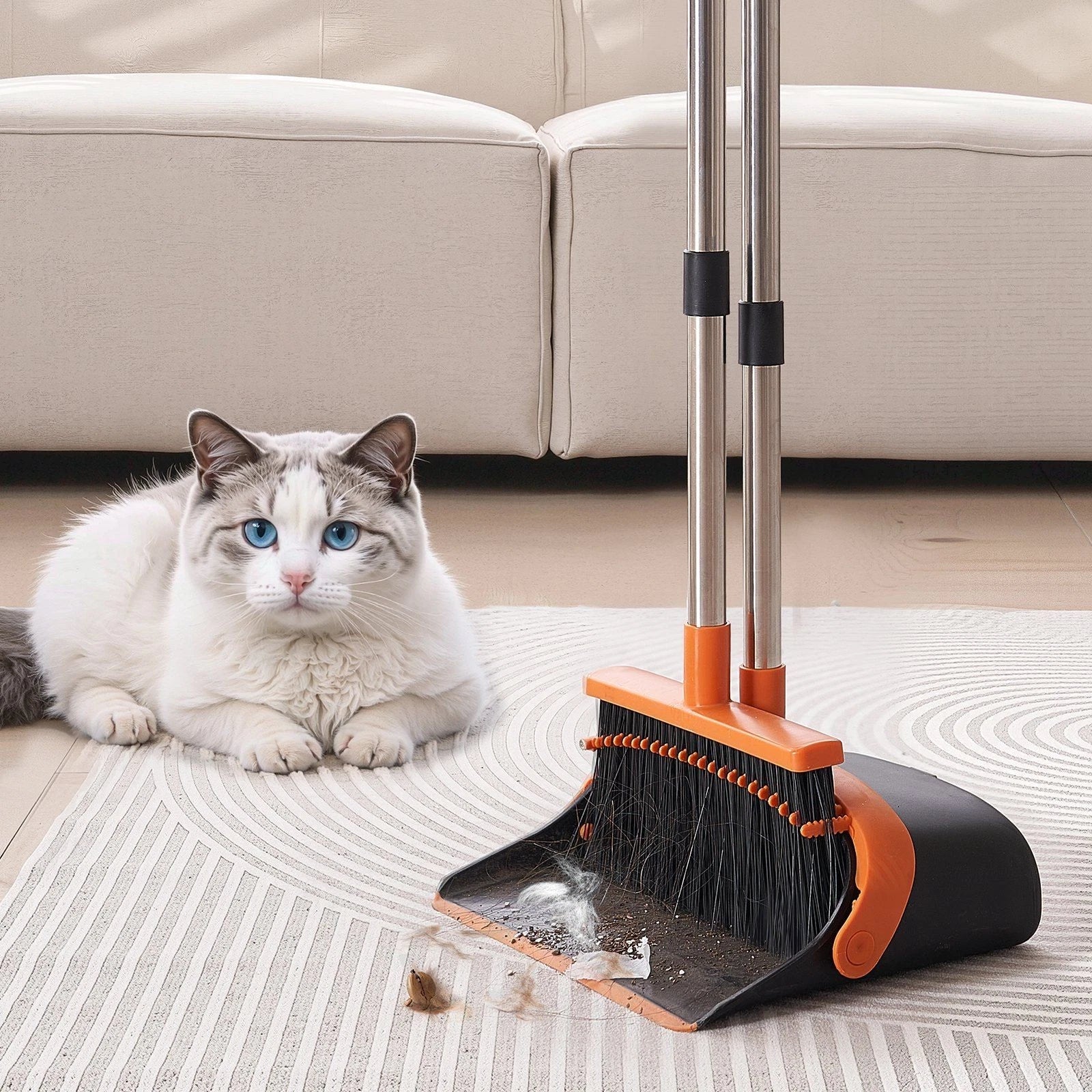Self-Cleaning Dustpan & Broom Set - Metal Upright Stand, Heavy Duty,Black+Orange