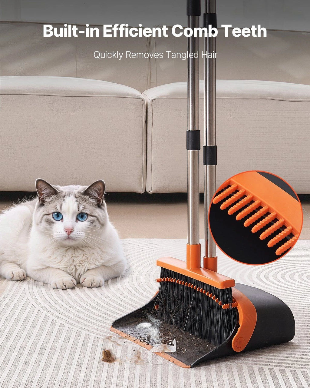 Self-Cleaning Dustpan & Broom Set - Metal Upright Stand, Heavy Duty,Black+Orange