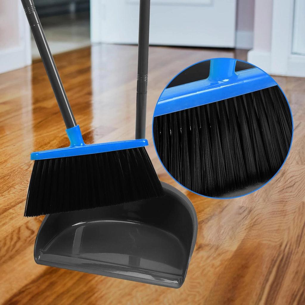 Broom and Dustpan Set ，Long Handle Broom with Upright Standing Dust Pan for Indo