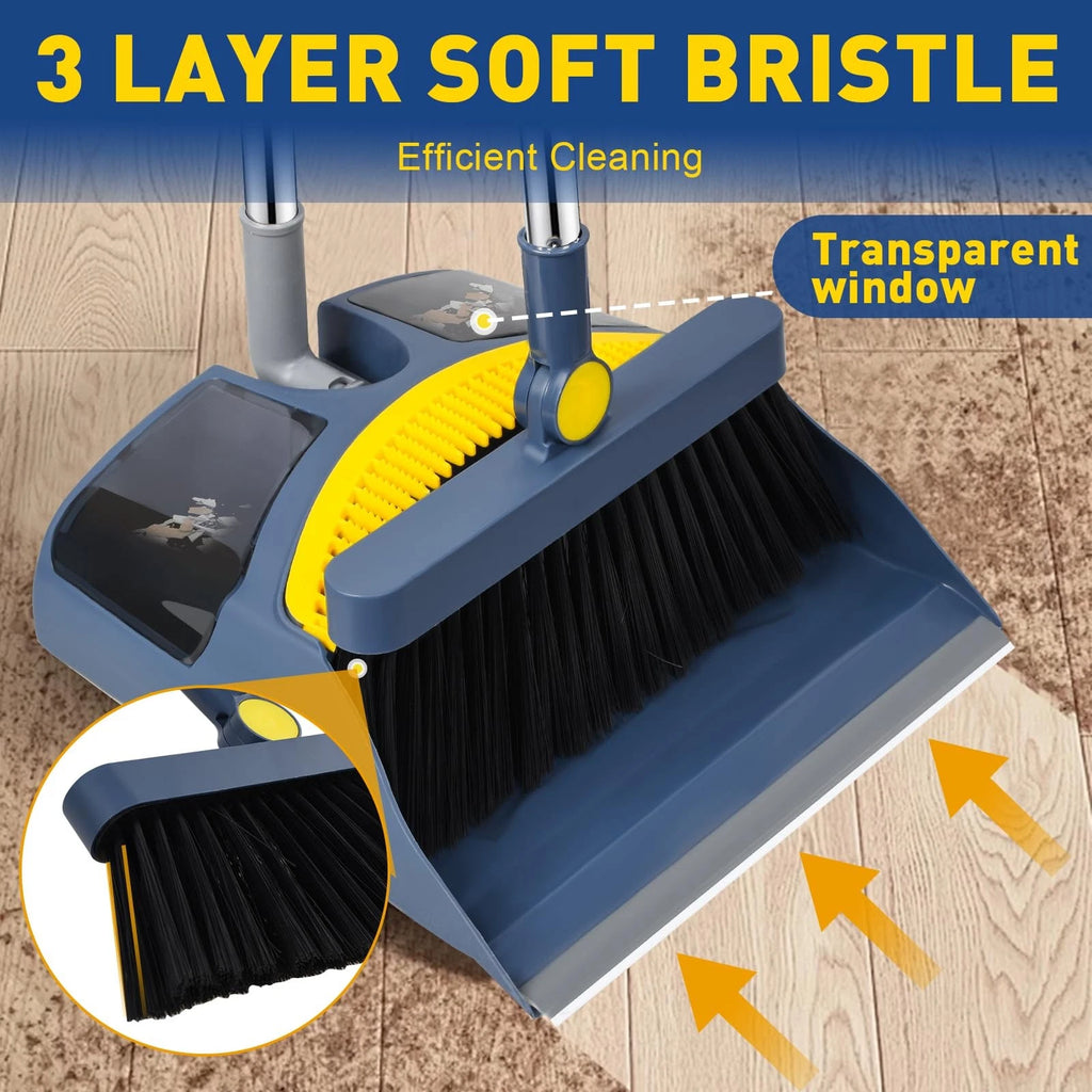Broom Dustpan Combo Set 55in Adjustable Handle with Teeth Pet Hair Home Kitchen
