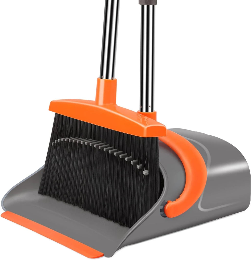 Broom and Dustpan Set, Long Handle, Indoor & Outdoor, Gray & Orange