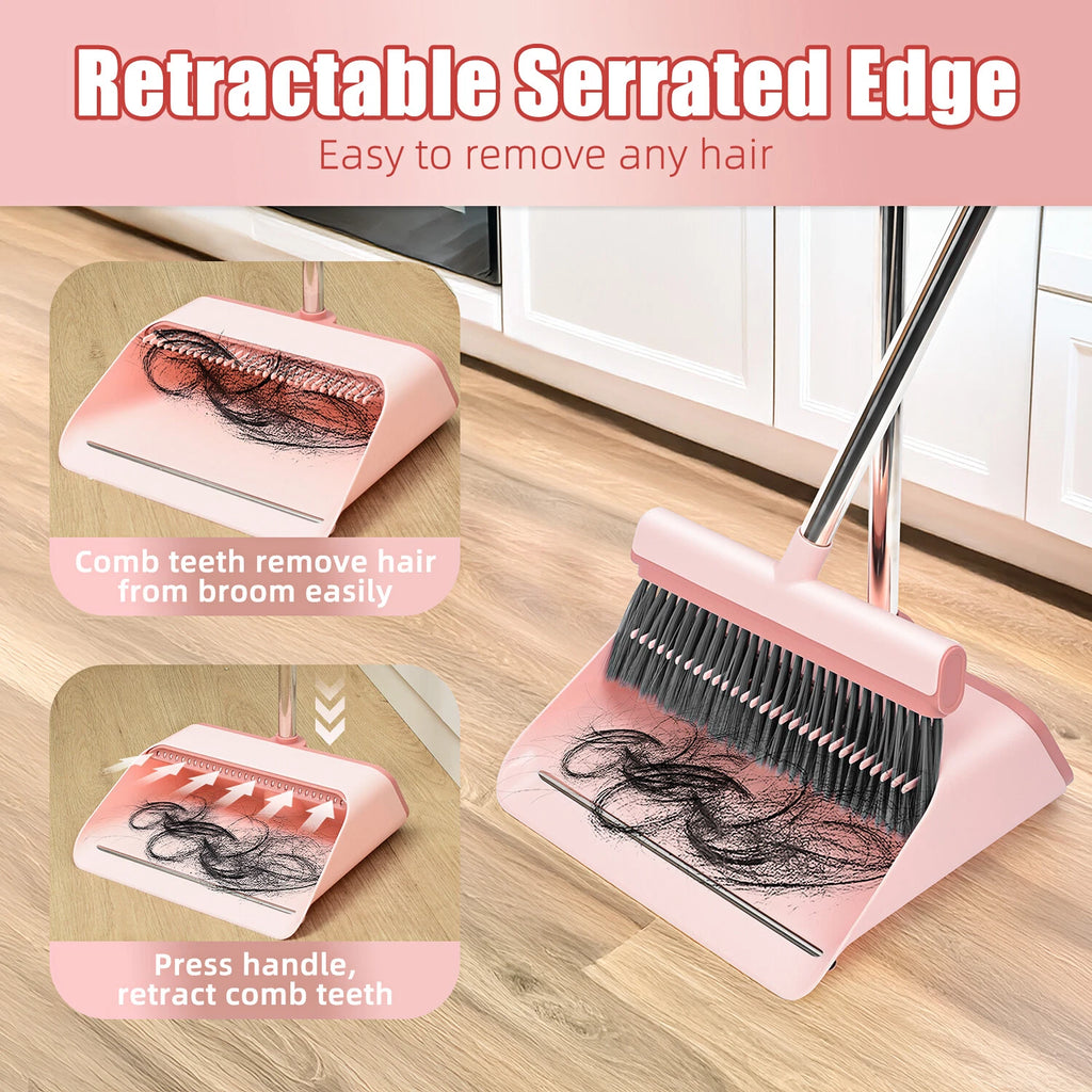 Broom and Dustpan Set with Dustpan Teeth Self Cleaning