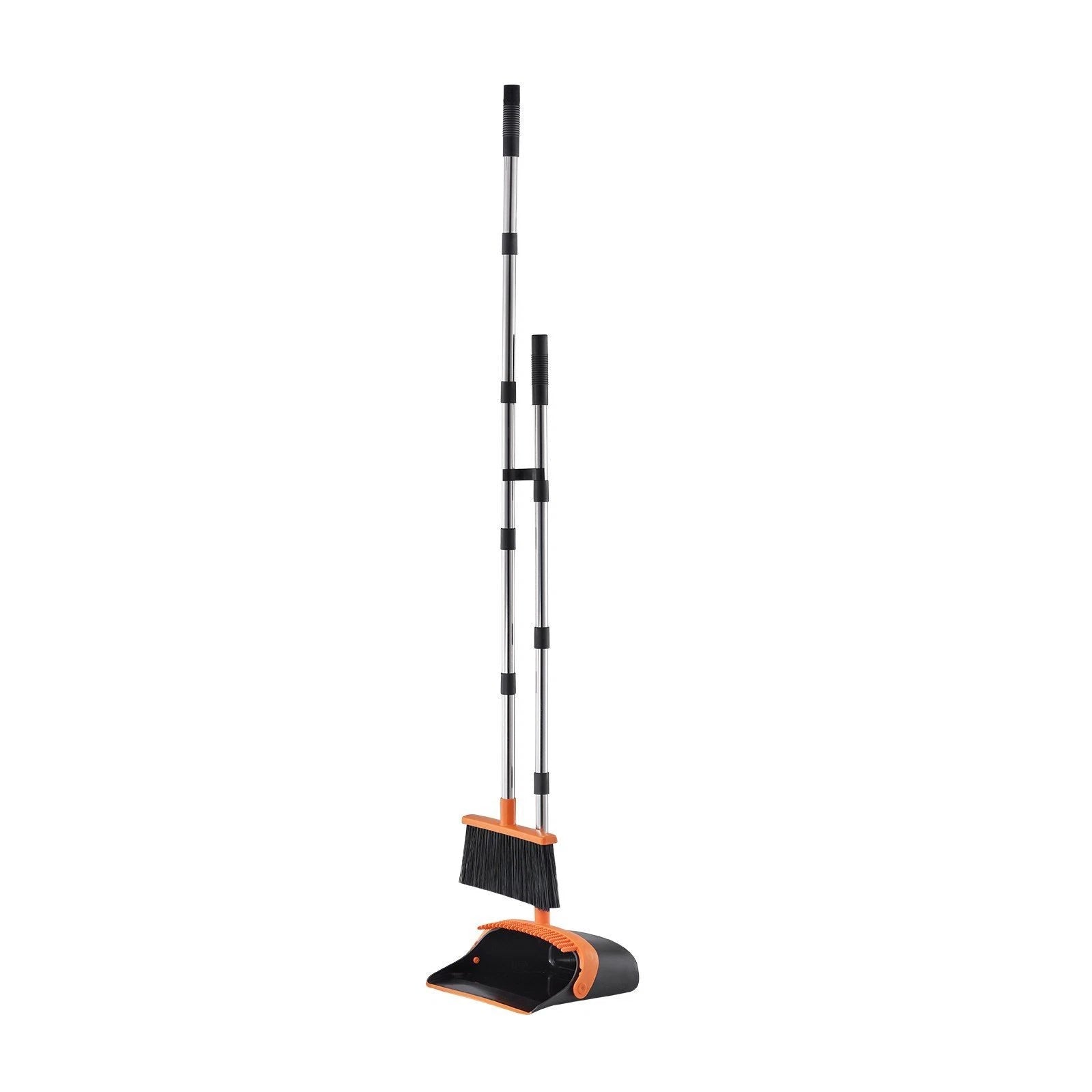 Self-Cleaning Dustpan & Broom Set - Metal Upright Stand, Heavy Duty,Black+Orange