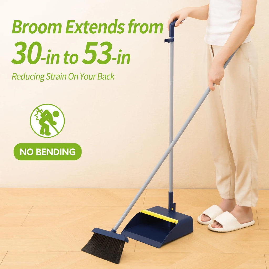 Broom and Dustpan Set, Long Handled Adjustable Dustpan and Brush with Comb Te...