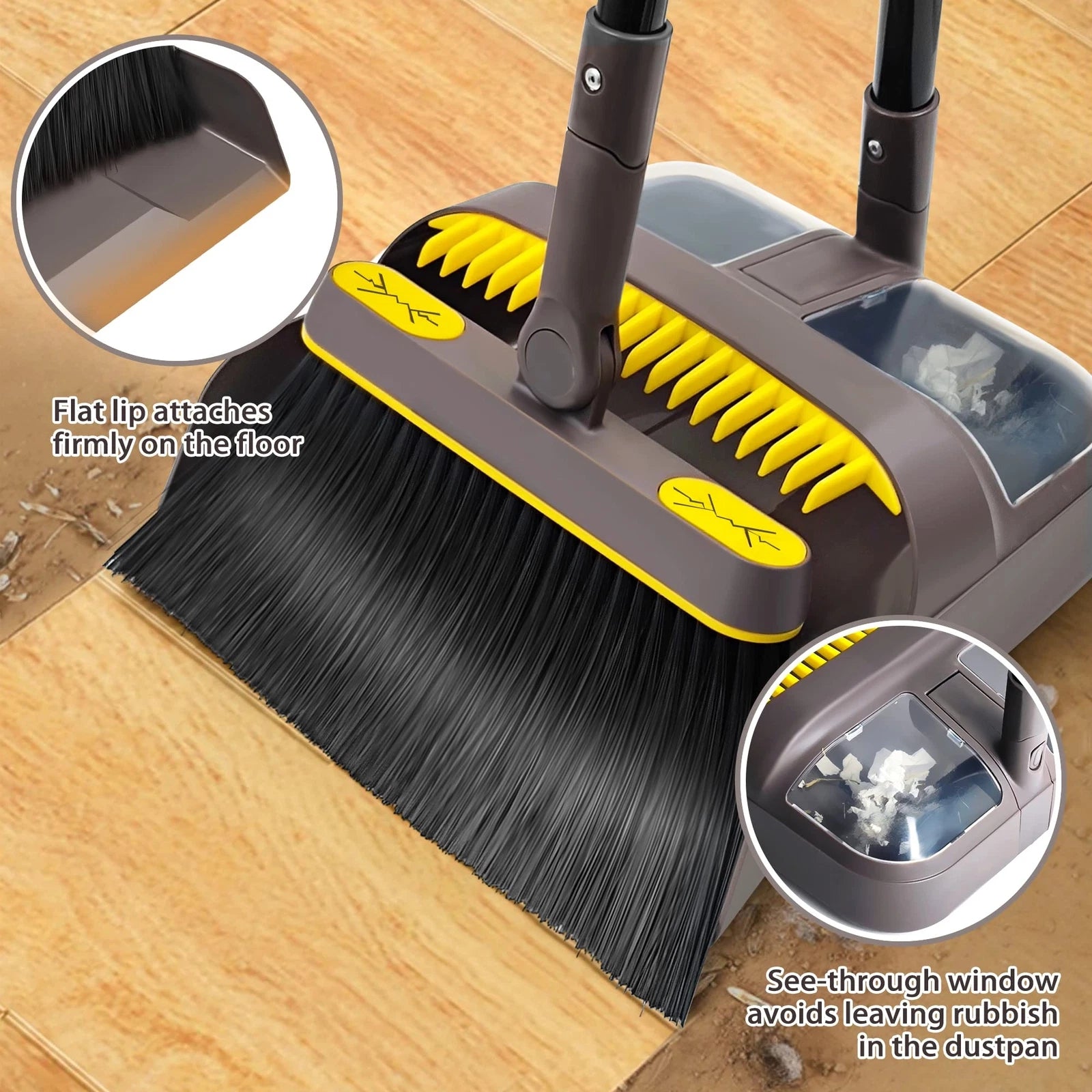 Broom with Dustpan Combo Set 180 Degree Rotating Upright Standing Brown Yellow