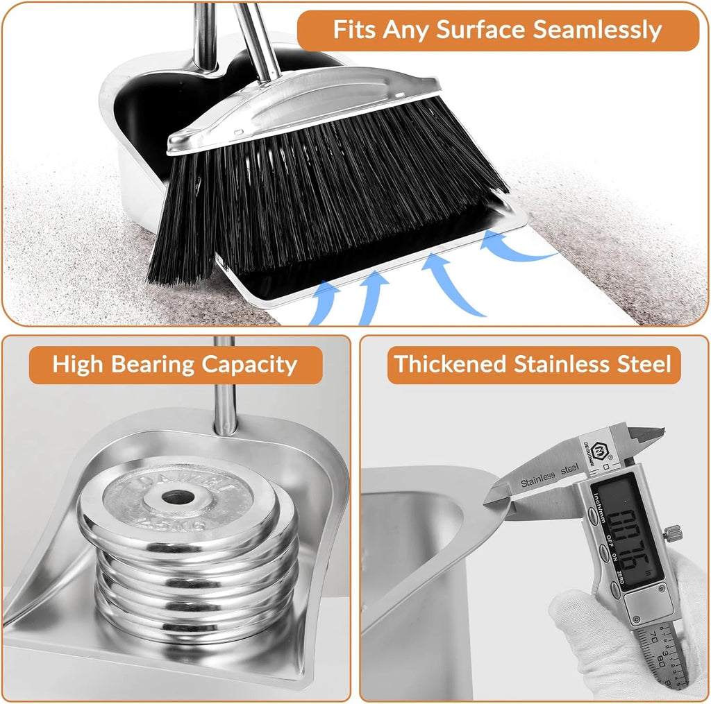 VOOWO 46" Stainless Steel Broom and Dustpan Set for Indoor and Outdoor Use