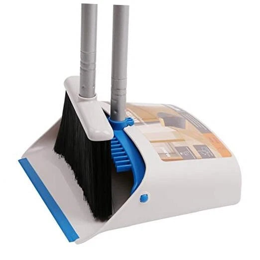 Long Handle Broom and Dustpan Set,Upright Dust Pan Blue Broom and Dustpan