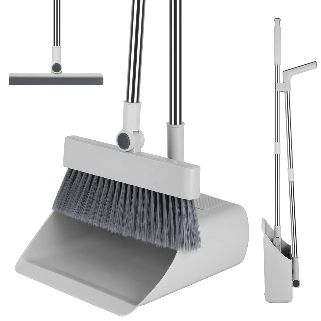 Heavy Duty Broom And Dustpan Combo Set W/ Squeegee Stylish Grey Handle Perfect
