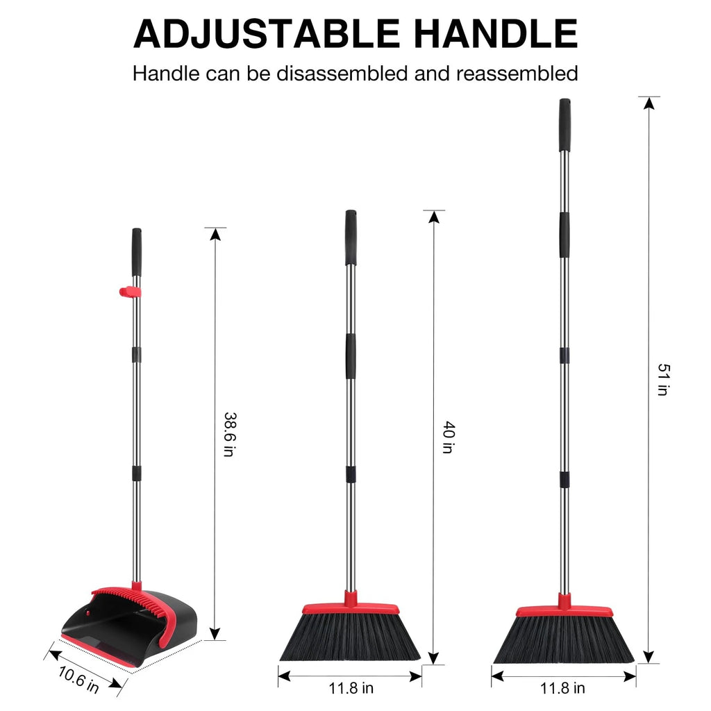 Broom and Dustpan Set 52-in Long Adjustable Handle Combo with Teeth