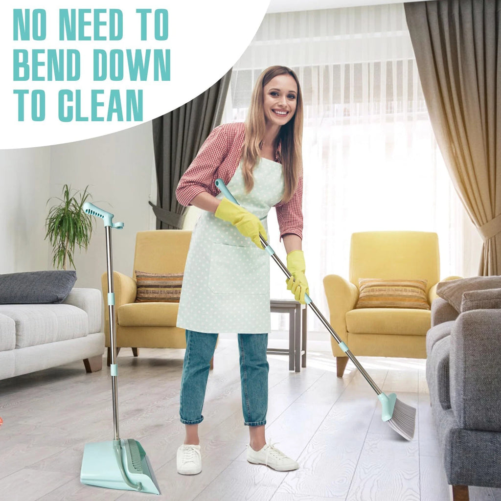 Long Handle Broom and Dustpan Set 55-Inch for Indoor Cleaning Bluish Green