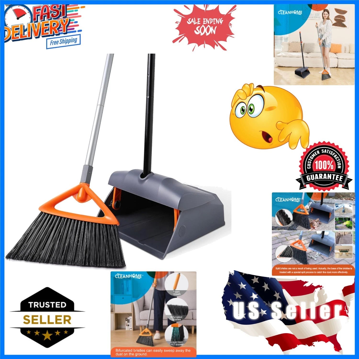 Heavy Duty Broom with Dustpan Combo Set Indoor and Outdoor Dual Purpose,Stiff...