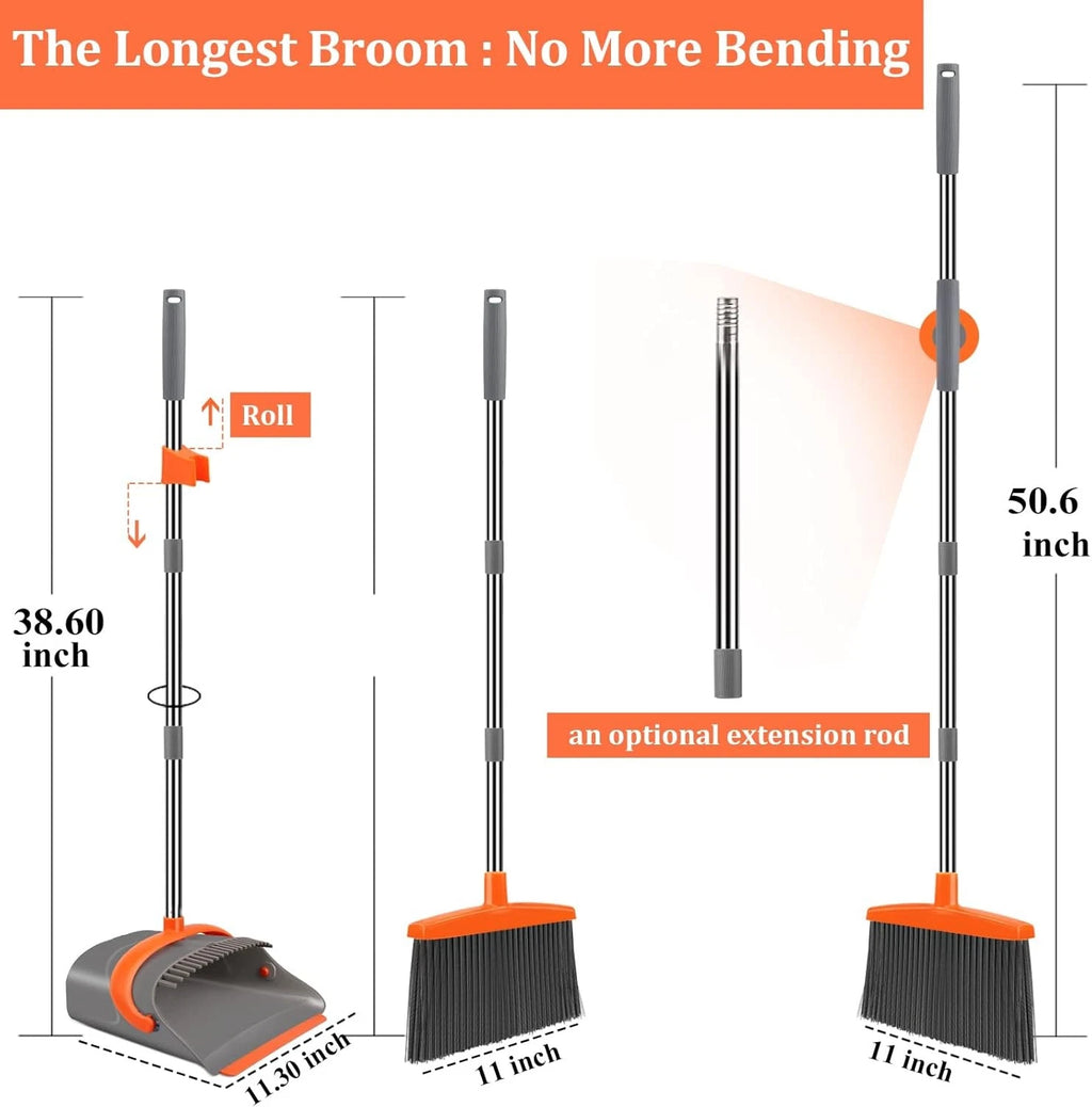 Broom and Dustpan Set with Long Handle, Upright Standing Combo for Home & Office