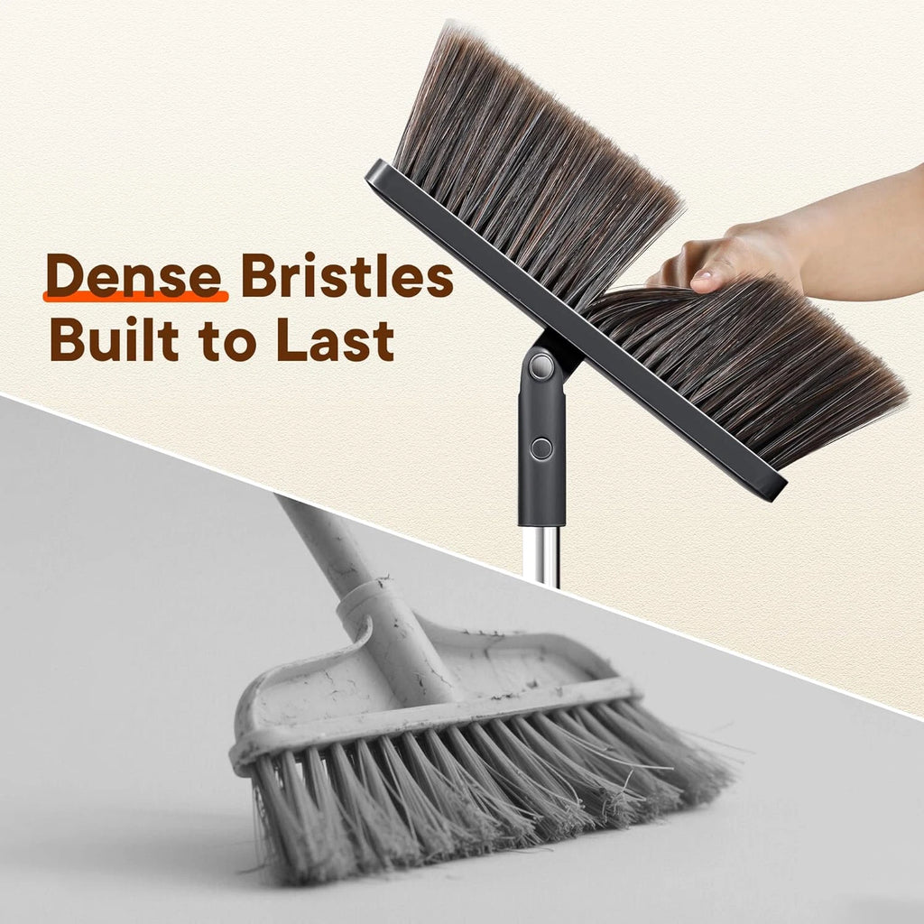 Broom and Dustpan Set with Cleaning Teeth 180° Rotating Upright Broom for Effort