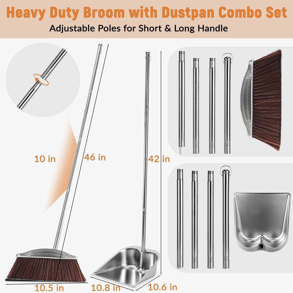 Broom with Dustpan Combo Set 46" Stainless Steel Broom and Dustpan Set for Ho...