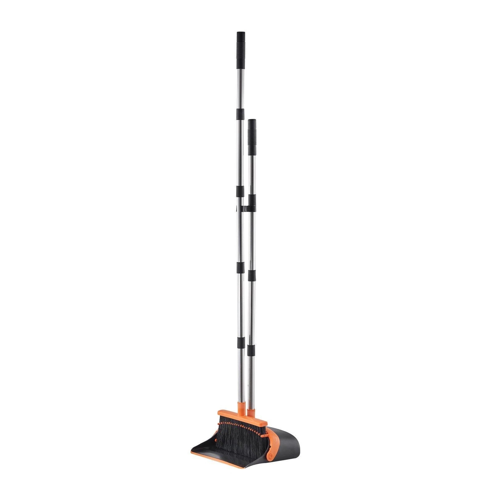 Self-Cleaning Dustpan & Broom Set - Metal Upright Stand, Heavy Duty,Black+Orange