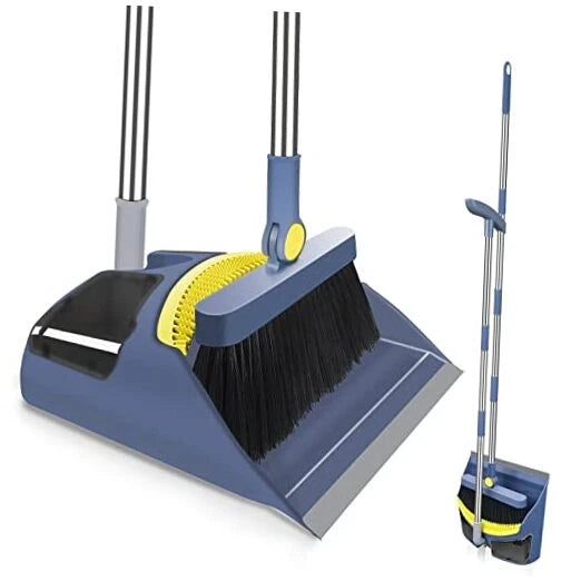 Broom with Dustpan Combo Set, 55" Long Adjustable Handle Broom and Dustpan Blue